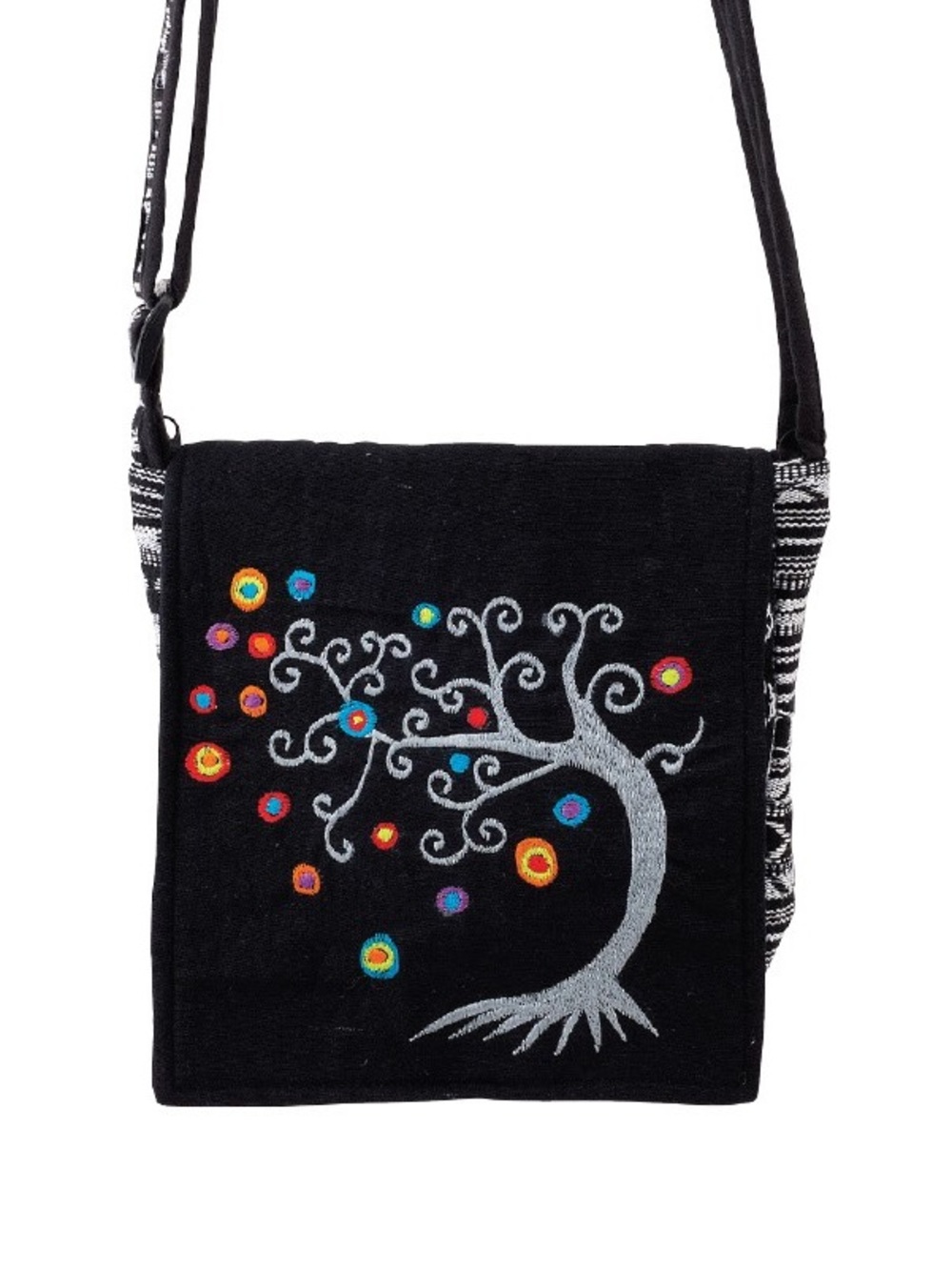 Black Embroidered Tree Crossbody Bag with Multicolor Accents